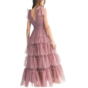 MABLE Pearl Embellished Tiered Tulle Maxi Dress Size S Dusty Rose MD3294